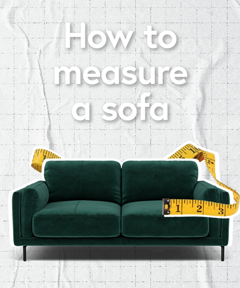 How to measure a sofa thumbnail illustrated with a dark green velvet sofa and a measuring tape
