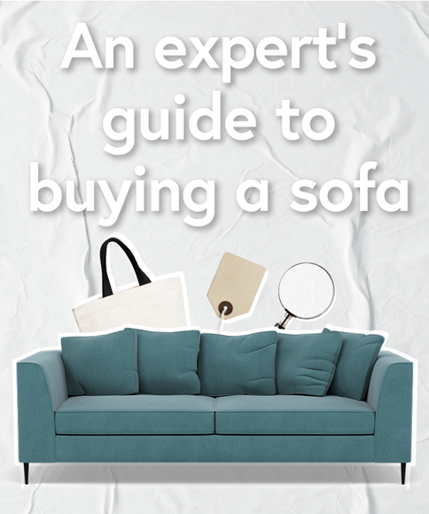An Expert’s Guide to Buying a Sofa thumbnail illustrated with a blue sofa, a shopping bag, a tag and a magnifying glass