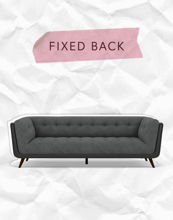 A dark grey sofa with a fixed back