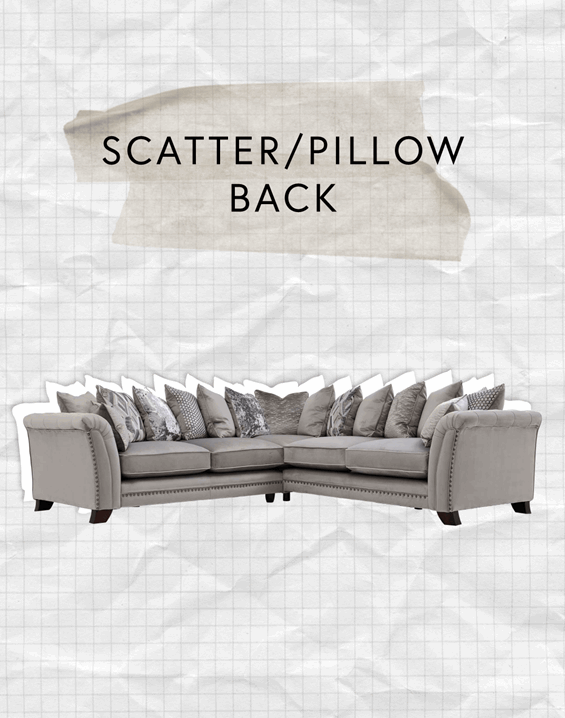 A grey velvet scatter pillow back corner sofa
