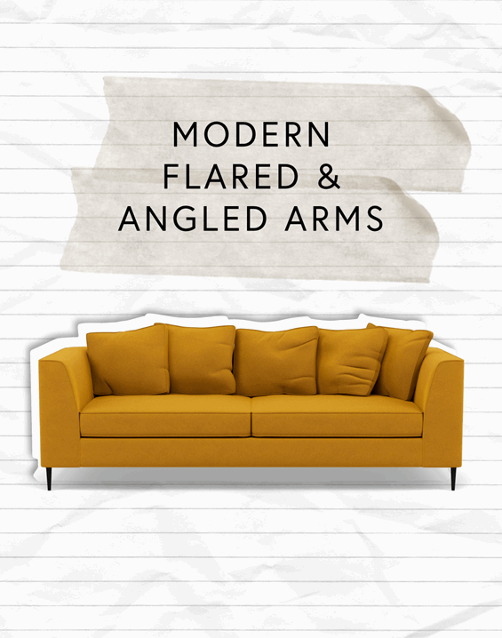 A yellow velvet sofa with modern flared and angled arms