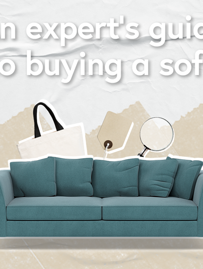 An Expert’s Guide to Buying a Sofa thumbnail illustrated with a blue sofa, a shopping bag, a tag and a magnifying glass